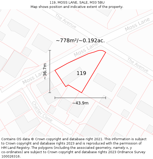 119, MOSS LANE, SALE, M33 5BU: Plot and title map