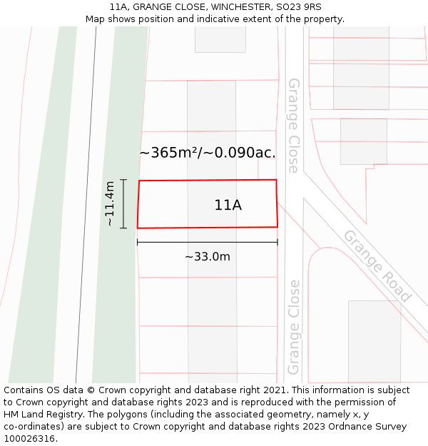 11A, GRANGE CLOSE, WINCHESTER, SO23 9RS: Plot and title map