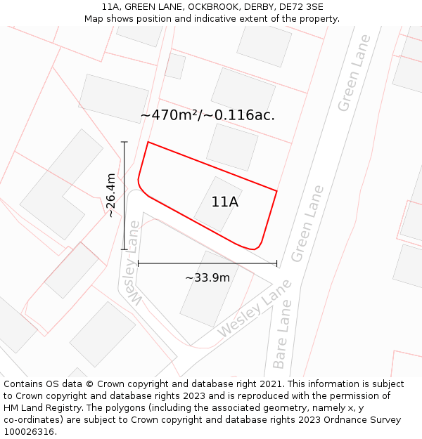 11A, GREEN LANE, OCKBROOK, DERBY, DE72 3SE: Plot and title map