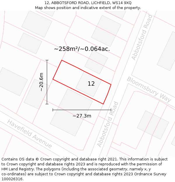 12, ABBOTSFORD ROAD, LICHFIELD, WS14 9XQ: Plot and title map