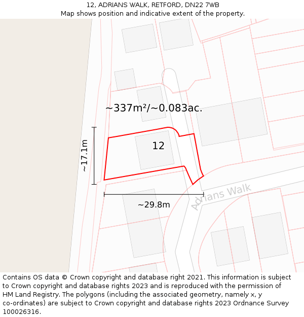 12, ADRIANS WALK, RETFORD, DN22 7WB: Plot and title map