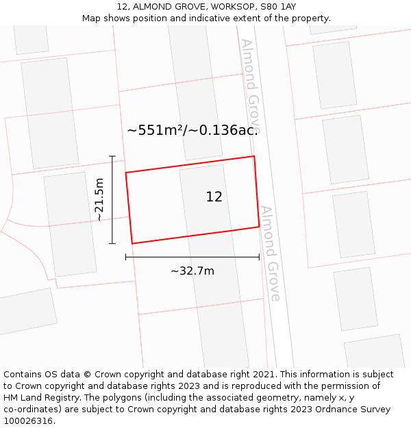 12, ALMOND GROVE, WORKSOP, S80 1AY: Plot and title map