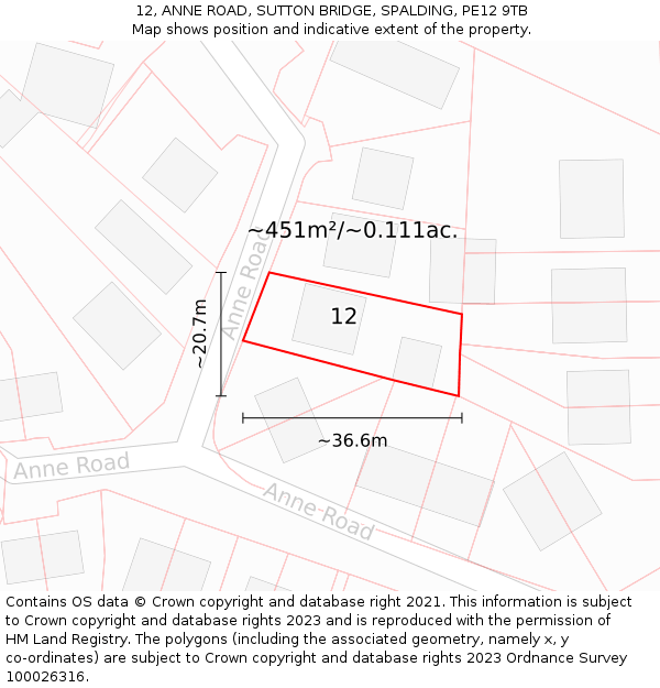 12, ANNE ROAD, SUTTON BRIDGE, SPALDING, PE12 9TB: Plot and title map