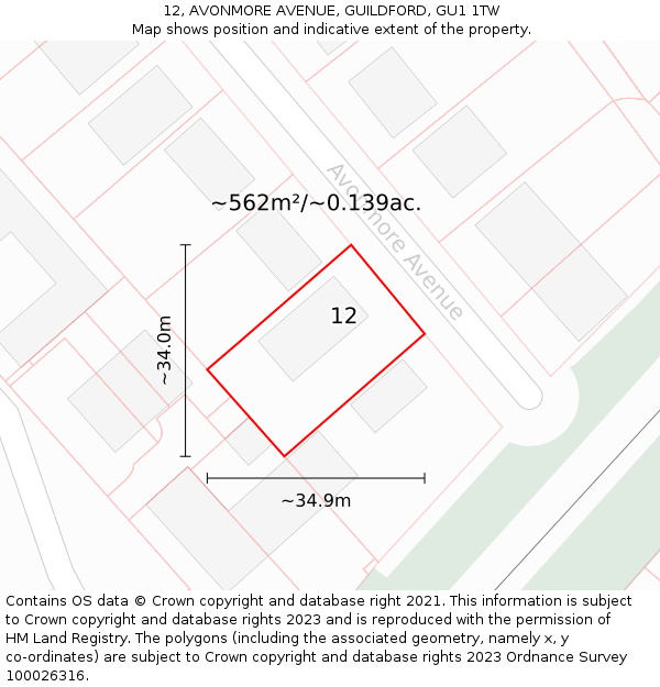 12, AVONMORE AVENUE, GUILDFORD, GU1 1TW: Plot and title map