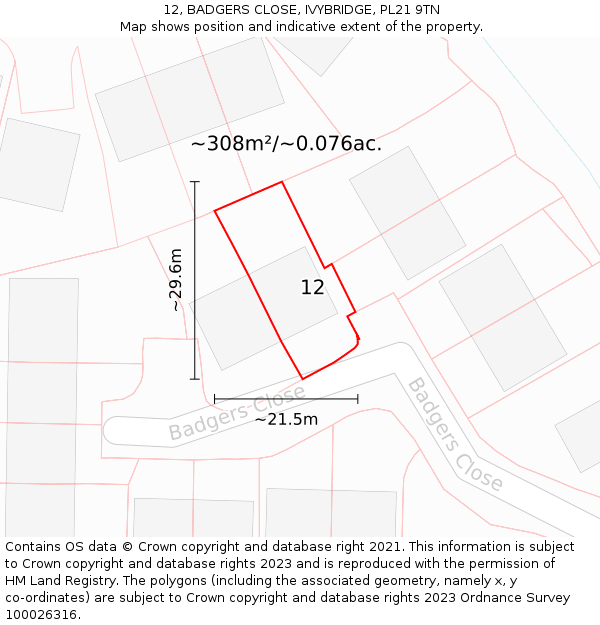 12, BADGERS CLOSE, IVYBRIDGE, PL21 9TN: Plot and title map