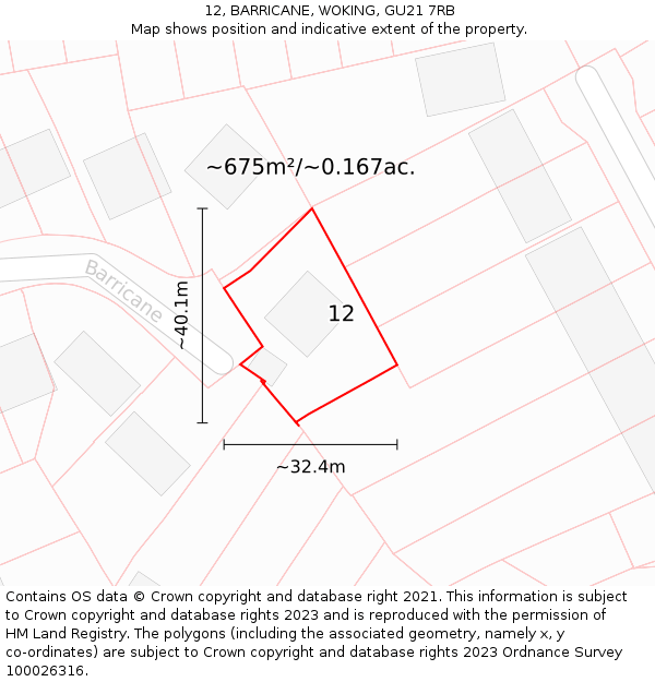 12, BARRICANE, WOKING, GU21 7RB: Plot and title map