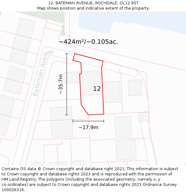 12, BATEMAN AVENUE, ROCHDALE, OL12 9ST: Plot and title map