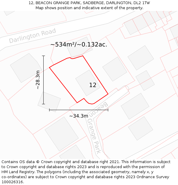 12, BEACON GRANGE PARK, SADBERGE, DARLINGTON, DL2 1TW: Plot and title map