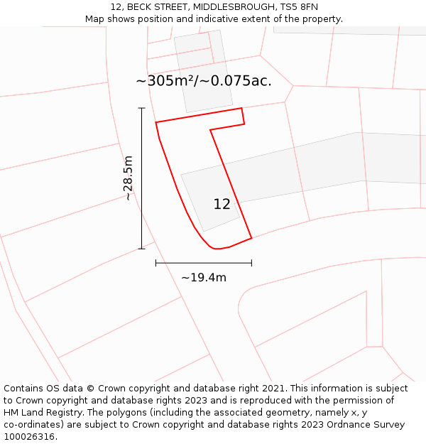 12, BECK STREET, MIDDLESBROUGH, TS5 8FN: Plot and title map