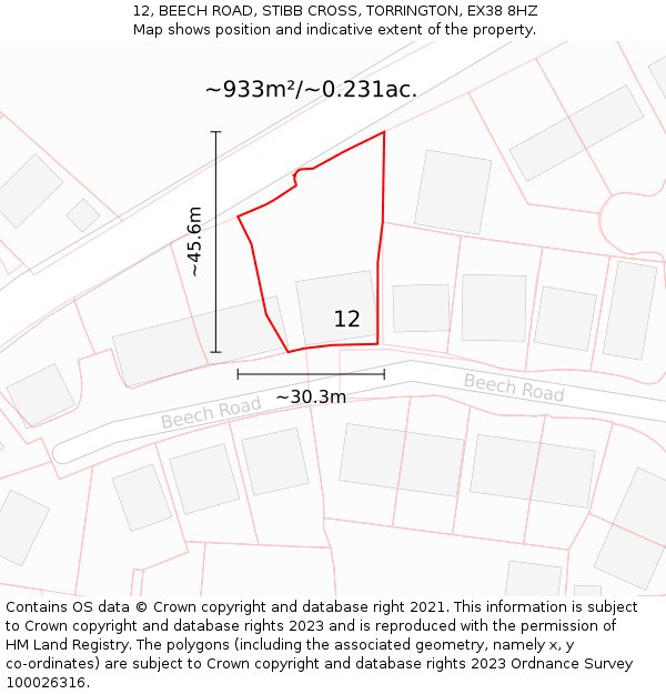 12, BEECH ROAD, STIBB CROSS, TORRINGTON, EX38 8HZ: Plot and title map