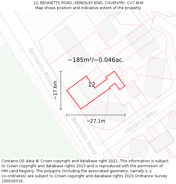 12, BENNETTS ROAD, KERESLEY END, COVENTRY, CV7 8HX: Plot and title map