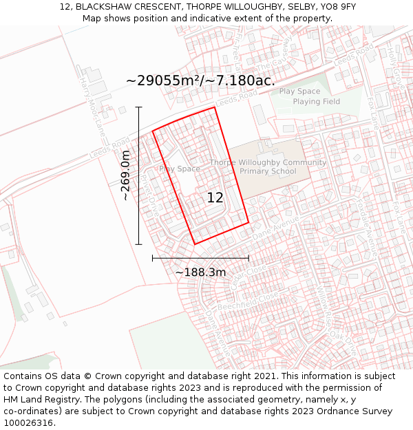 12, BLACKSHAW CRESCENT, THORPE WILLOUGHBY, SELBY, YO8 9FY: Plot and title map