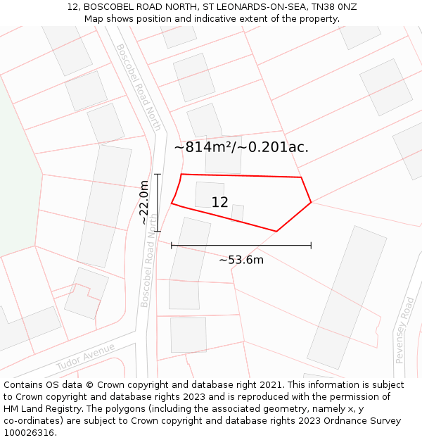 12, BOSCOBEL ROAD NORTH, ST LEONARDS-ON-SEA, TN38 0NZ: Plot and title map