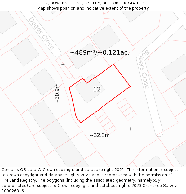 12, BOWERS CLOSE, RISELEY, BEDFORD, MK44 1DP: Plot and title map