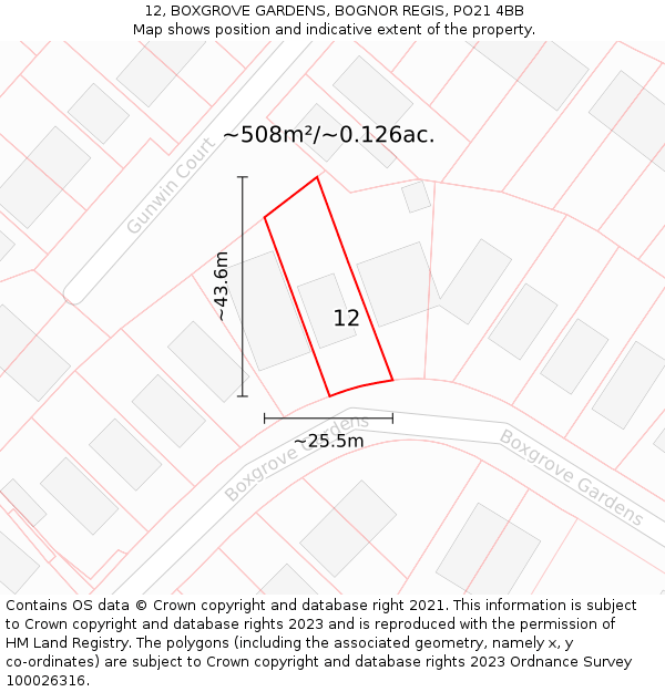 12, BOXGROVE GARDENS, BOGNOR REGIS, PO21 4BB: Plot and title map