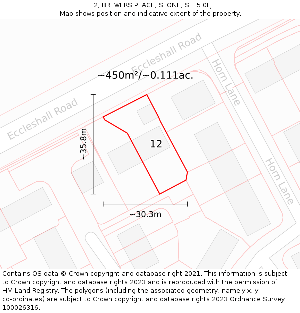 12, BREWERS PLACE, STONE, ST15 0FJ: Plot and title map