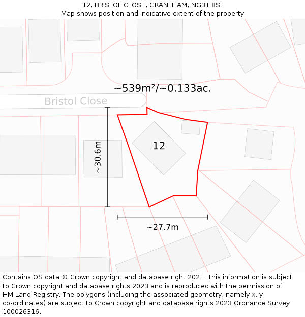 12, BRISTOL CLOSE, GRANTHAM, NG31 8SL: Plot and title map