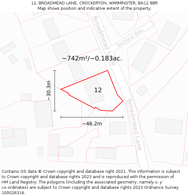 12, BROADMEAD LANE, CROCKERTON, WARMINSTER, BA12 8BR: Plot and title map