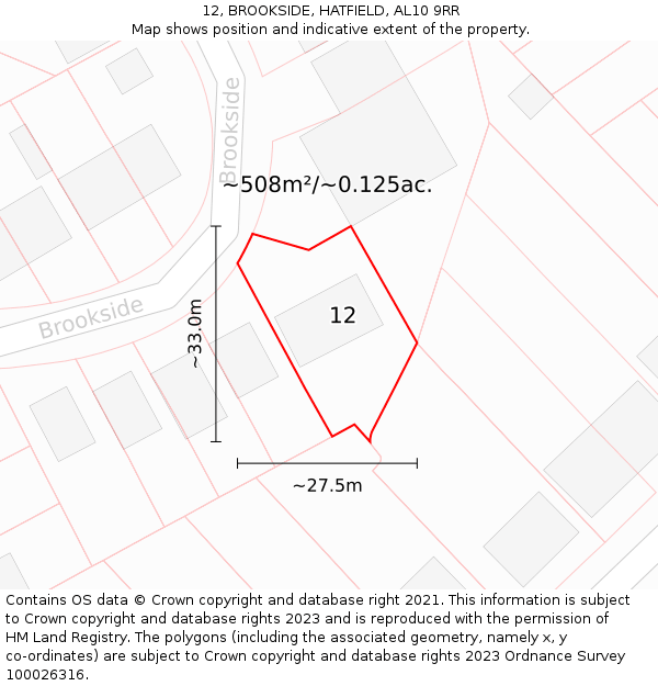 12, BROOKSIDE, HATFIELD, AL10 9RR: Plot and title map