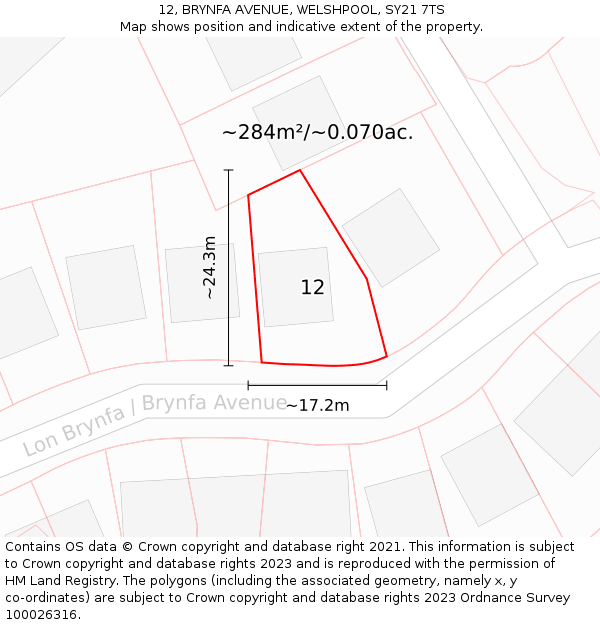 12, BRYNFA AVENUE, WELSHPOOL, SY21 7TS: Plot and title map