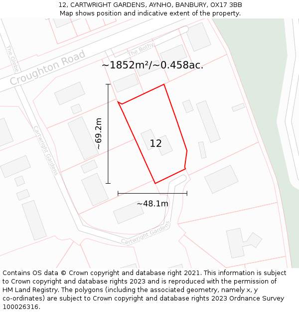 12, CARTWRIGHT GARDENS, AYNHO, BANBURY, OX17 3BB: Plot and title map