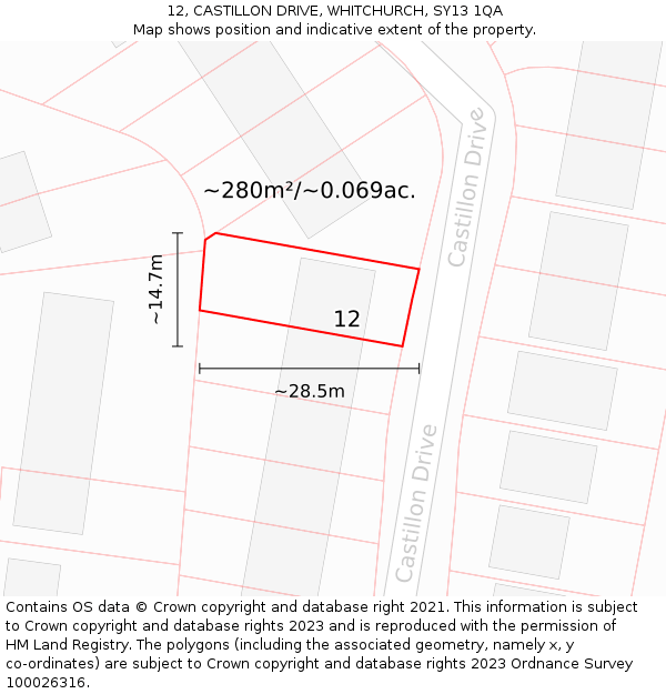 12, CASTILLON DRIVE, WHITCHURCH, SY13 1QA: Plot and title map