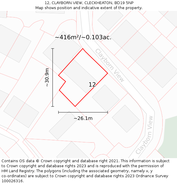 12, CLAYBORN VIEW, CLECKHEATON, BD19 5NP: Plot and title map