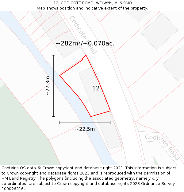 12, CODICOTE ROAD, WELWYN, AL6 9NQ: Plot and title map