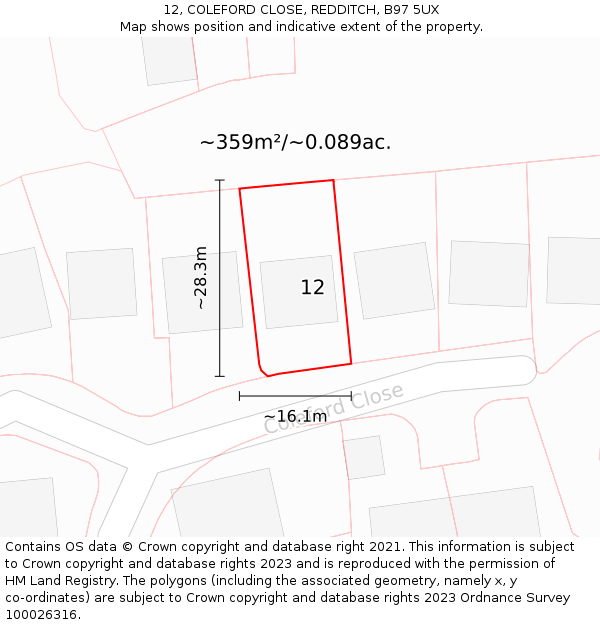 12, COLEFORD CLOSE, REDDITCH, B97 5UX: Plot and title map
