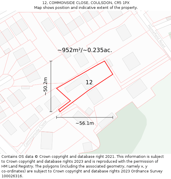 12, COMMONSIDE CLOSE, COULSDON, CR5 1PX: Plot and title map