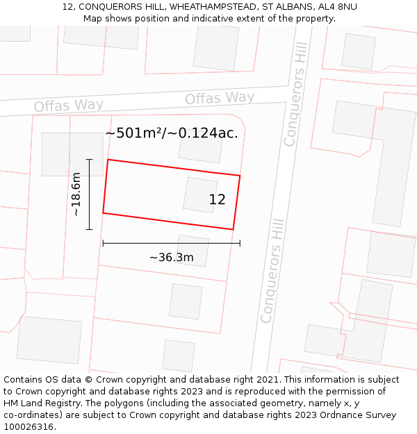 12, CONQUERORS HILL, WHEATHAMPSTEAD, ST ALBANS, AL4 8NU: Plot and title map