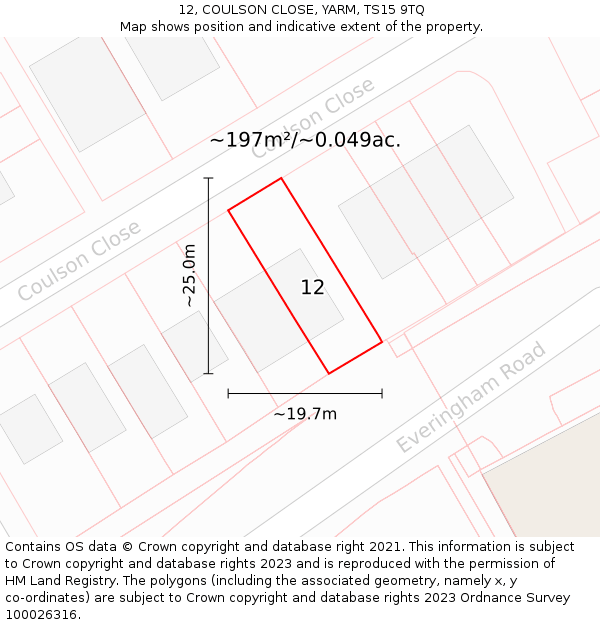 12, COULSON CLOSE, YARM, TS15 9TQ: Plot and title map