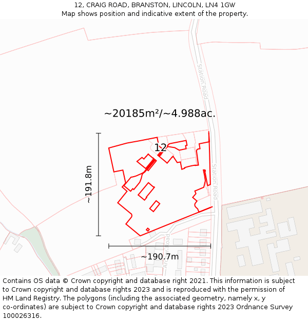 12, CRAIG ROAD, BRANSTON, LINCOLN, LN4 1GW: Plot and title map