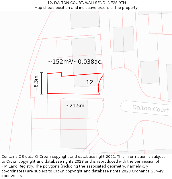 12, DALTON COURT, WALLSEND, NE28 9TN: Plot and title map