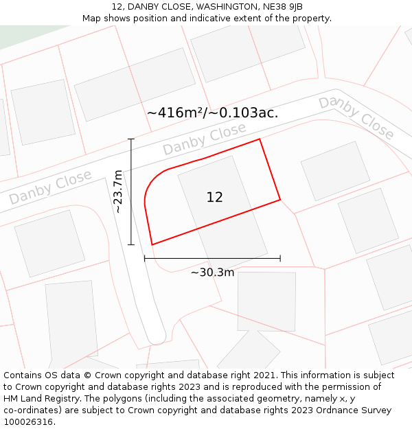 12, DANBY CLOSE, WASHINGTON, NE38 9JB: Plot and title map