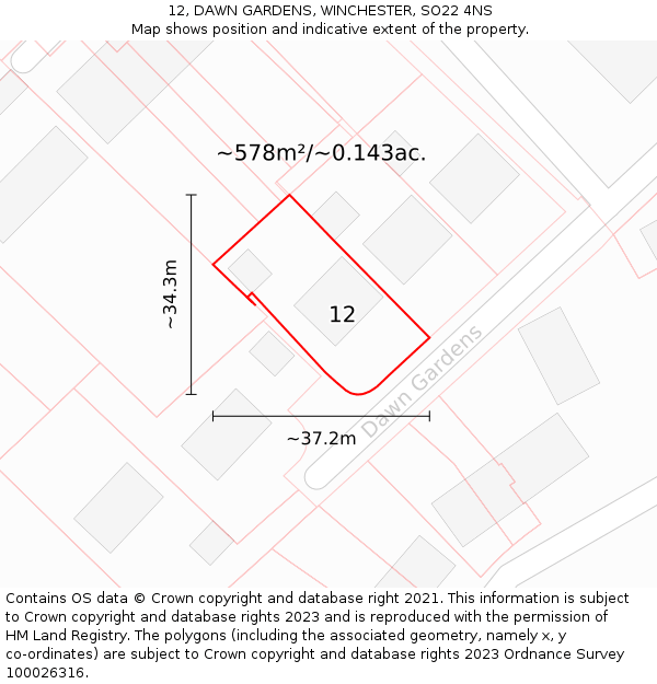 12, DAWN GARDENS, WINCHESTER, SO22 4NS: Plot and title map