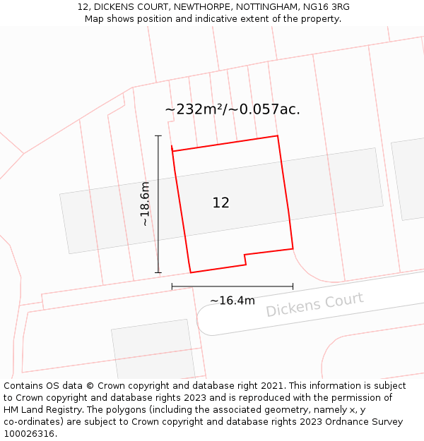 12, DICKENS COURT, NEWTHORPE, NOTTINGHAM, NG16 3RG: Plot and title map