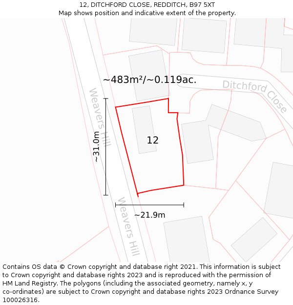 12, DITCHFORD CLOSE, REDDITCH, B97 5XT: Plot and title map