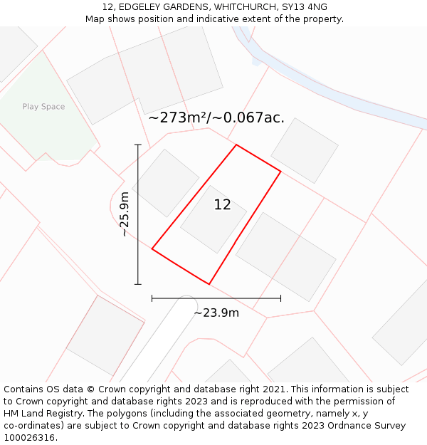 12, EDGELEY GARDENS, WHITCHURCH, SY13 4NG: Plot and title map