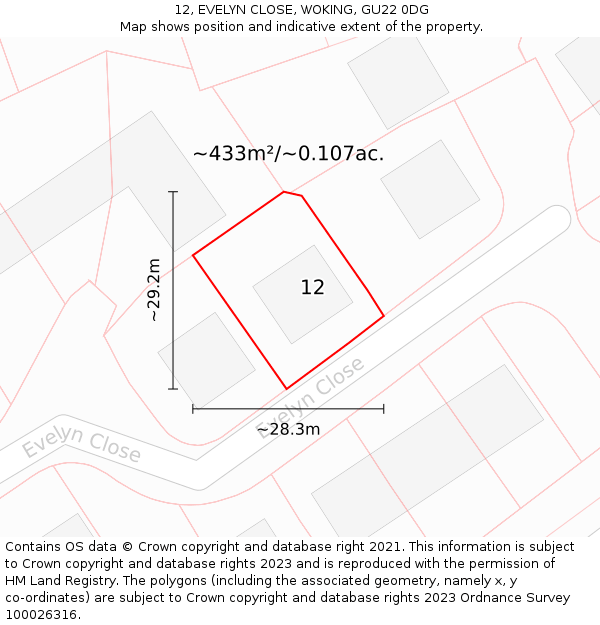 12, EVELYN CLOSE, WOKING, GU22 0DG: Plot and title map