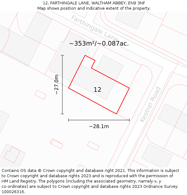 12, FARTHINGALE LANE, WALTHAM ABBEY, EN9 3NF: Plot and title map
