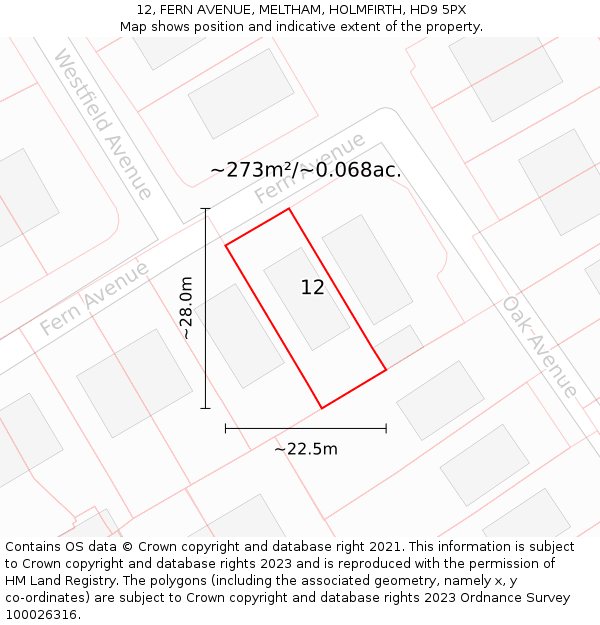 12, FERN AVENUE, MELTHAM, HOLMFIRTH, HD9 5PX: Plot and title map