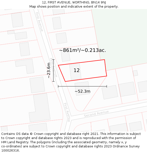 12, FIRST AVENUE, WORTHING, BN14 9NJ: Plot and title map