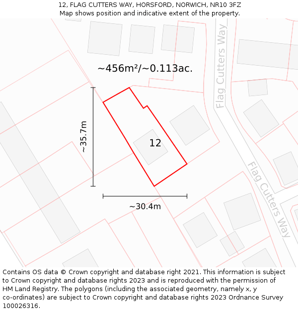 12, FLAG CUTTERS WAY, HORSFORD, NORWICH, NR10 3FZ: Plot and title map