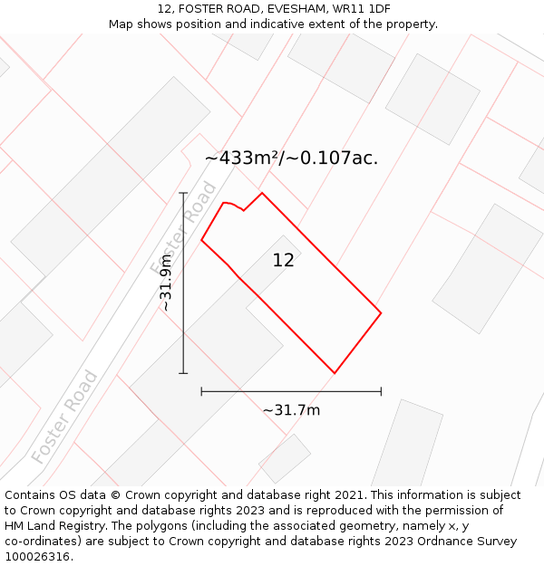 12, FOSTER ROAD, EVESHAM, WR11 1DF: Plot and title map