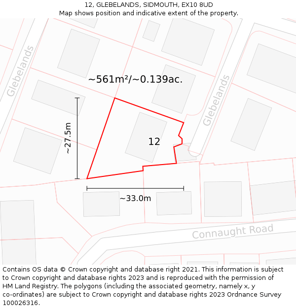 12, GLEBELANDS, SIDMOUTH, EX10 8UD: Plot and title map