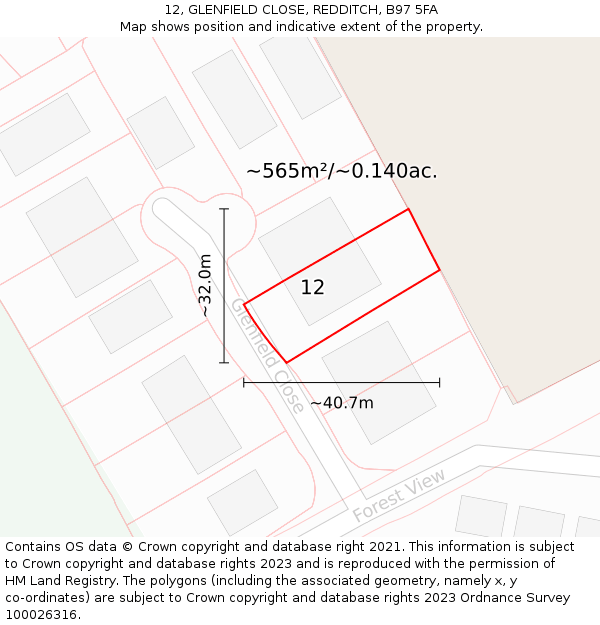 12, GLENFIELD CLOSE, REDDITCH, B97 5FA: Plot and title map