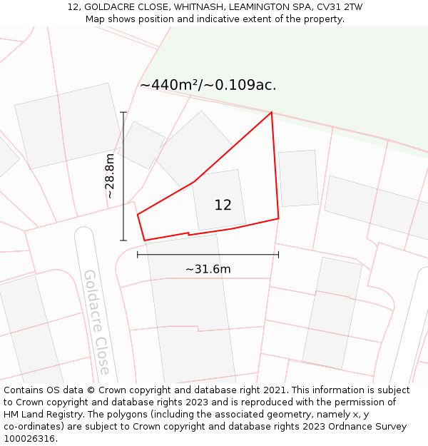 12, GOLDACRE CLOSE, WHITNASH, LEAMINGTON SPA, CV31 2TW: Plot and title map