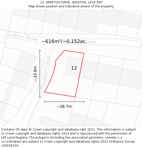 12, GRAFTON DRIVE, WIGSTON, LE18 3WT: Plot and title map