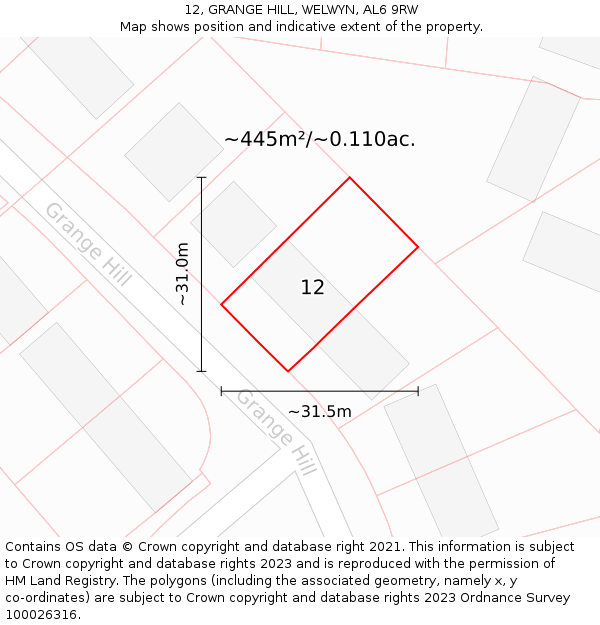 12, GRANGE HILL, WELWYN, AL6 9RW: Plot and title map